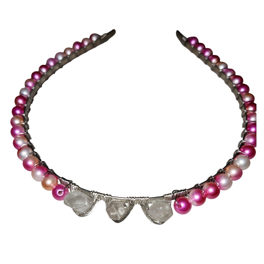 Handmade Pink Pearl and Quartz Crystal Point Wire Wrapped Headband Silver Tone
